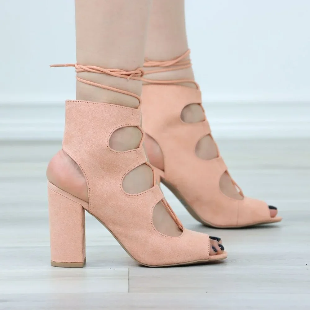 Peach Lace-Up Heels Cutout Open Toe Chunky Heel Sandals Faux Suede